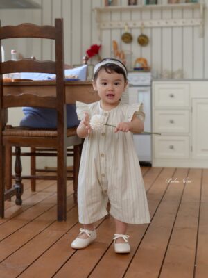 26SS 韓國童裝 直條紋小飛袖排扣連身裝