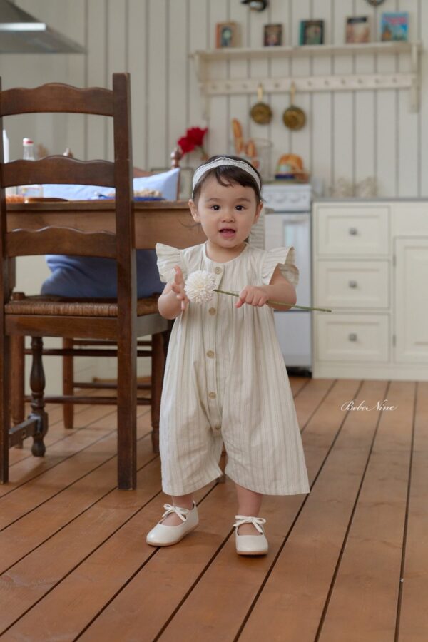 26SS 韓國童裝 直條紋小飛袖排扣連身裝