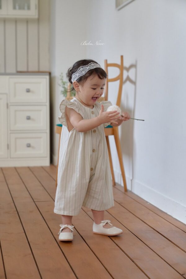 26SS 韓國童裝 直條紋小飛袖排扣連身裝