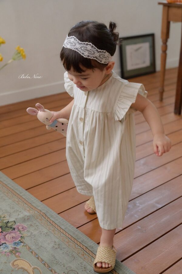 26SS 韓國童裝 直條紋小飛袖排扣連身裝