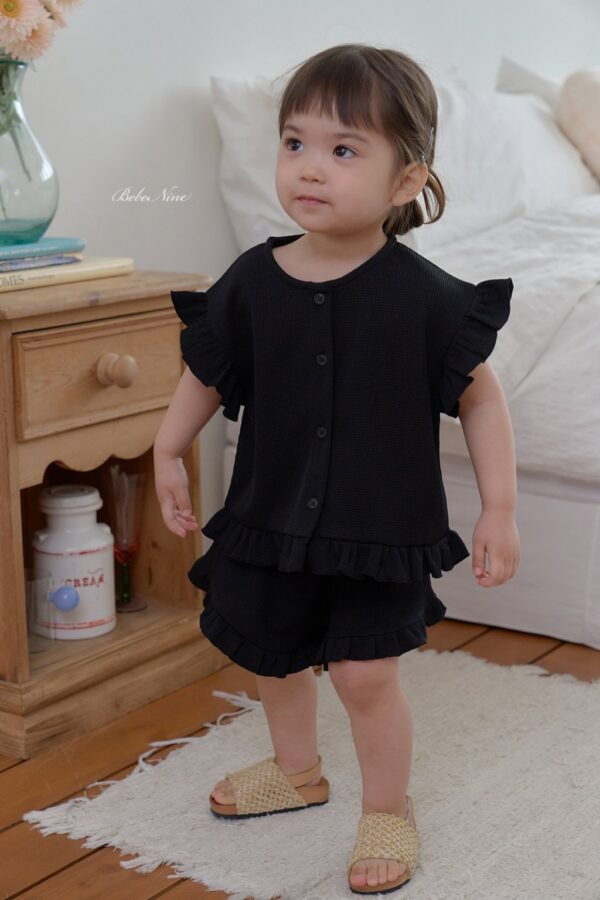 26SS 韓國童裝 鬆餅格小飛袖排扣上下套裝