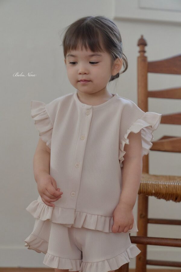 26SS 韓國童裝 鬆餅格小飛袖排扣上下套裝