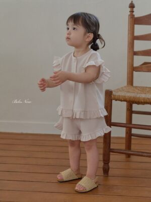 26SS 韓國童裝 鬆餅格小飛袖排扣上下套裝