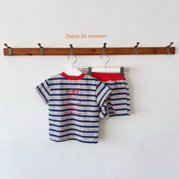 26SS 韓國童裝 橫條紋圓領拚色上下套裝
