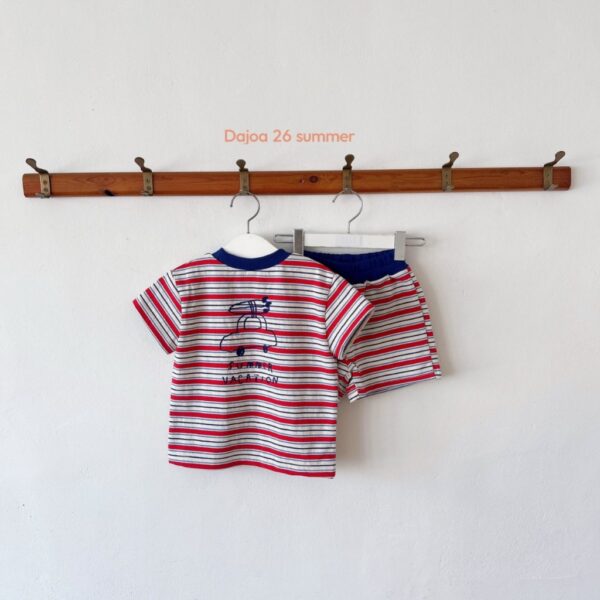 26SS 韓國童裝 橫條紋圓領拚色上下套裝