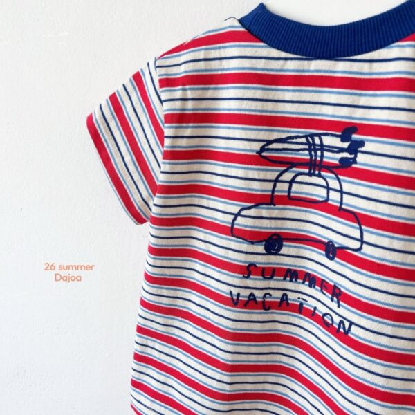 26SS 韓國童裝 橫條紋圓領拚色上下套裝