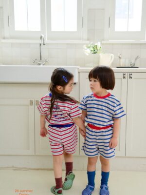 26SS 韓國童裝 橫條紋圓領拚色上下套裝