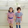 26SS 韓國童裝 橫條紋圓領拚色上下套裝