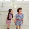 26SS 韓國童裝 橫條紋圓領拚色上下套裝