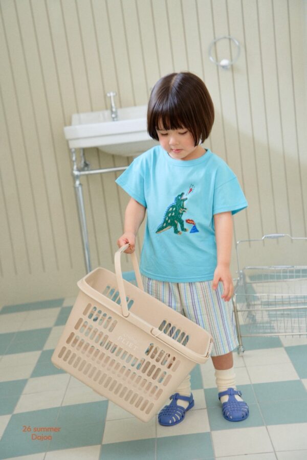 26SS 韓國童裝 噴火恐龍上衣直條紋短褲套裝