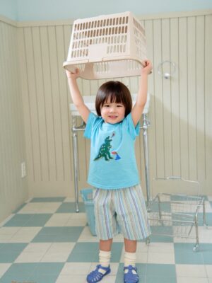 26SS 韓國童裝 噴火恐龍上衣直條紋短褲套裝