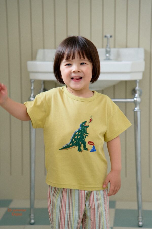 26SS 韓國童裝 噴火恐龍上衣直條紋短褲套裝