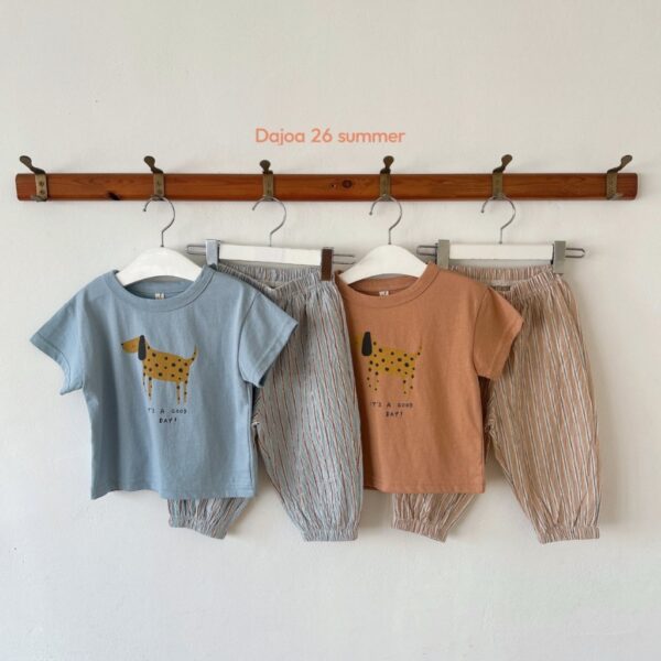 26SS 韓國童裝 小狗短袖上衣直條紋縮口長褲套裝