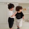 26SS 韓國童裝 線條小熊上衣格子短褲套裝