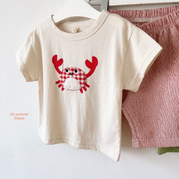 26SS 韓國童裝 格紋螃蟹上衣皺皺八分褲套裝