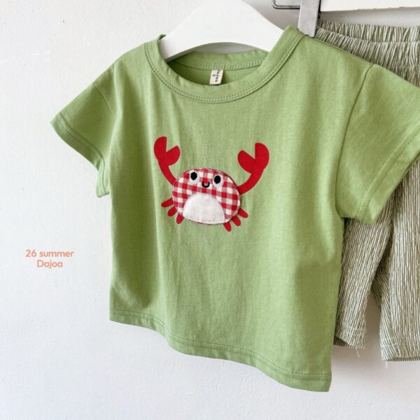 26SS 韓國童裝 格紋螃蟹上衣皺皺八分褲套裝