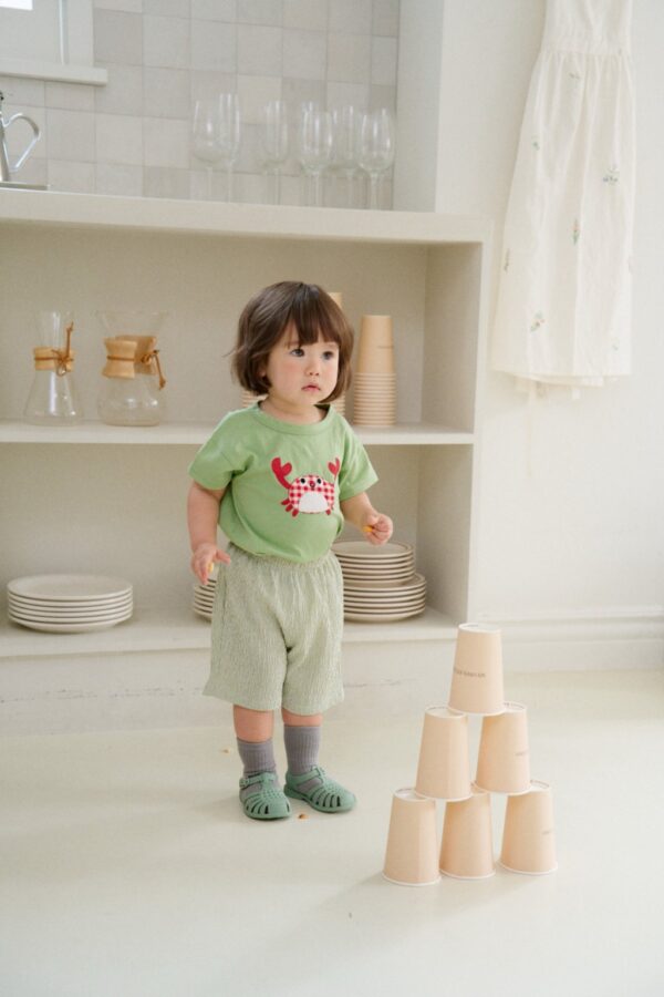 26SS 韓國童裝 格紋螃蟹上衣皺皺八分褲套裝