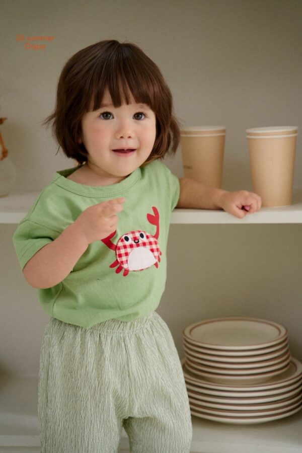 26SS 韓國童裝 格紋螃蟹上衣皺皺八分褲套裝