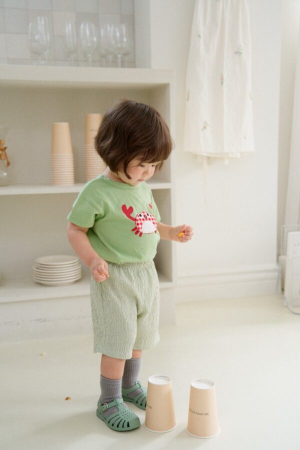 26SS 韓國童裝 格紋螃蟹上衣皺皺八分褲套裝