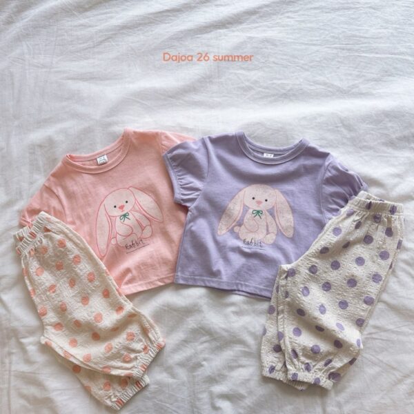 26SS 韓國童裝 線條小兔上衣圓點縮口長褲套裝