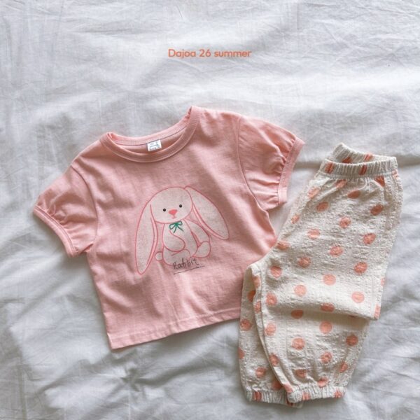 26SS 韓國童裝 線條小兔上衣圓點縮口長褲套裝