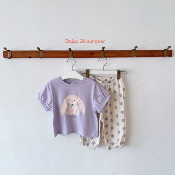 26SS 韓國童裝 線條小兔上衣圓點縮口長褲套裝